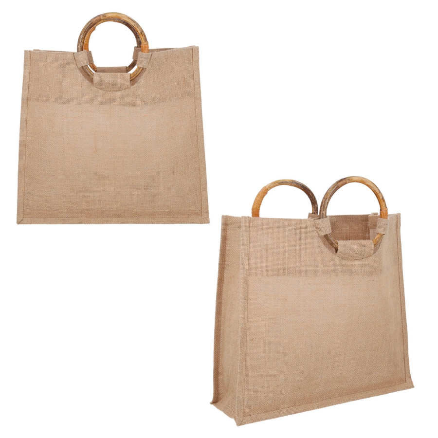 BOLSA DE YUTE CON DOBLE ASAS DE MADERA Y FUELLE. F0183
