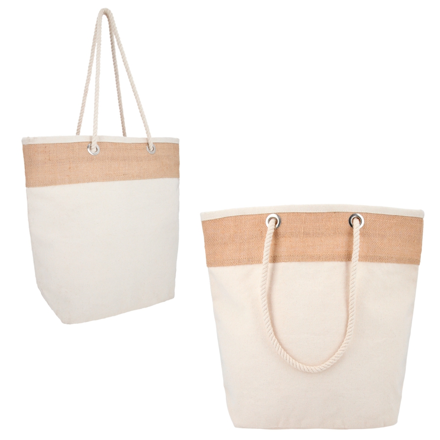 BOLSA DE YUTE Y ALGODÓN CON ARILLOS METÁLICOS ASAS Y FUELLE F0101