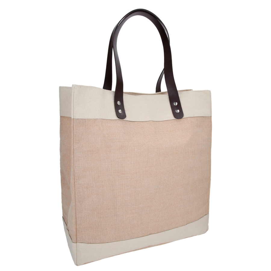 BOLSA DE YUTE COSIDA CON ASAS DE CURPIEL Y FUELLE. F0119