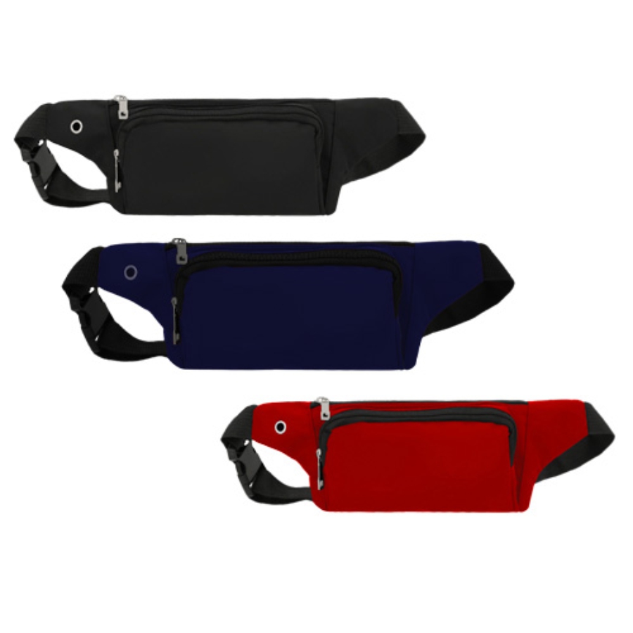 CANGURERA CON 3 COMPARTIMENTOS, 2 EN LA PARTE FRONTAL, 1 EN LA PARTE TRASERA, CINTA AJUSTABLE A LA CINTURA Y BROCHE DE SEGURIDAD A PRESIÓN. F0140