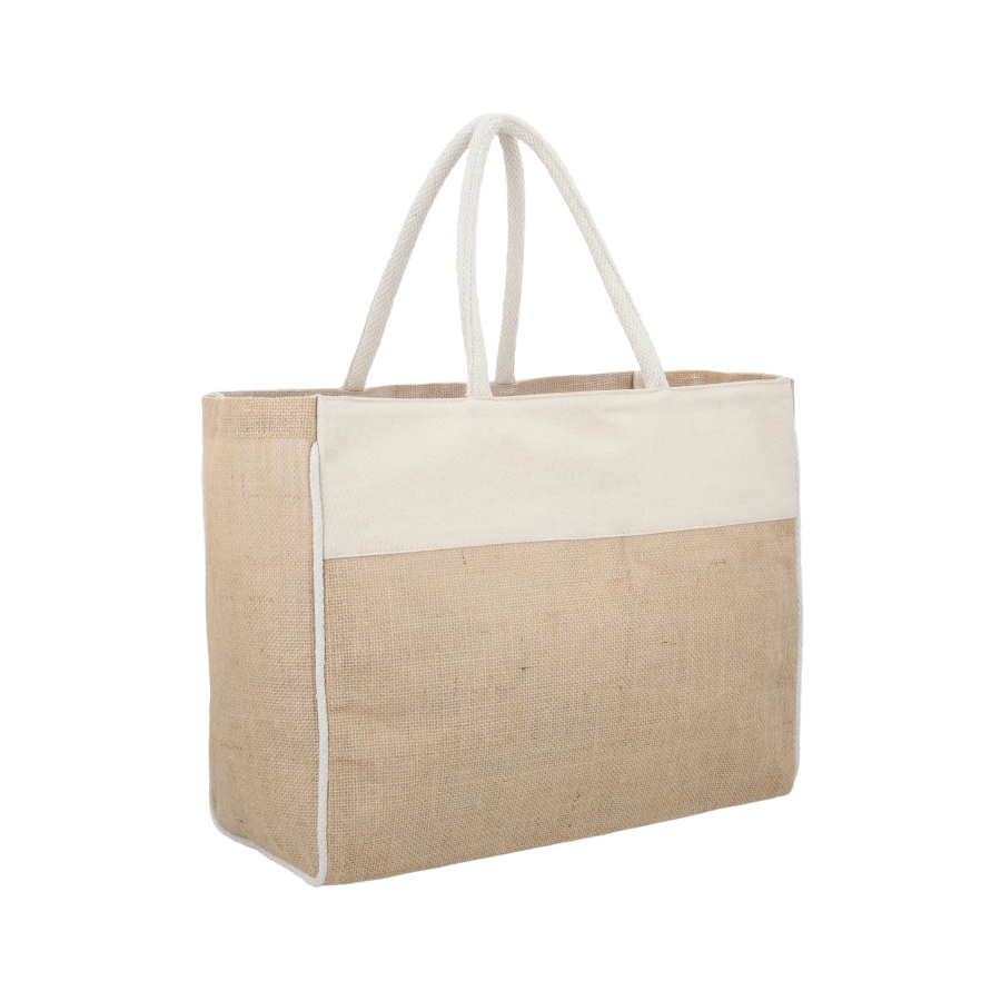 BOLSA DE YUTE LAMINADA CON ALGODÓN, FUELLE Y ASAS. F0150