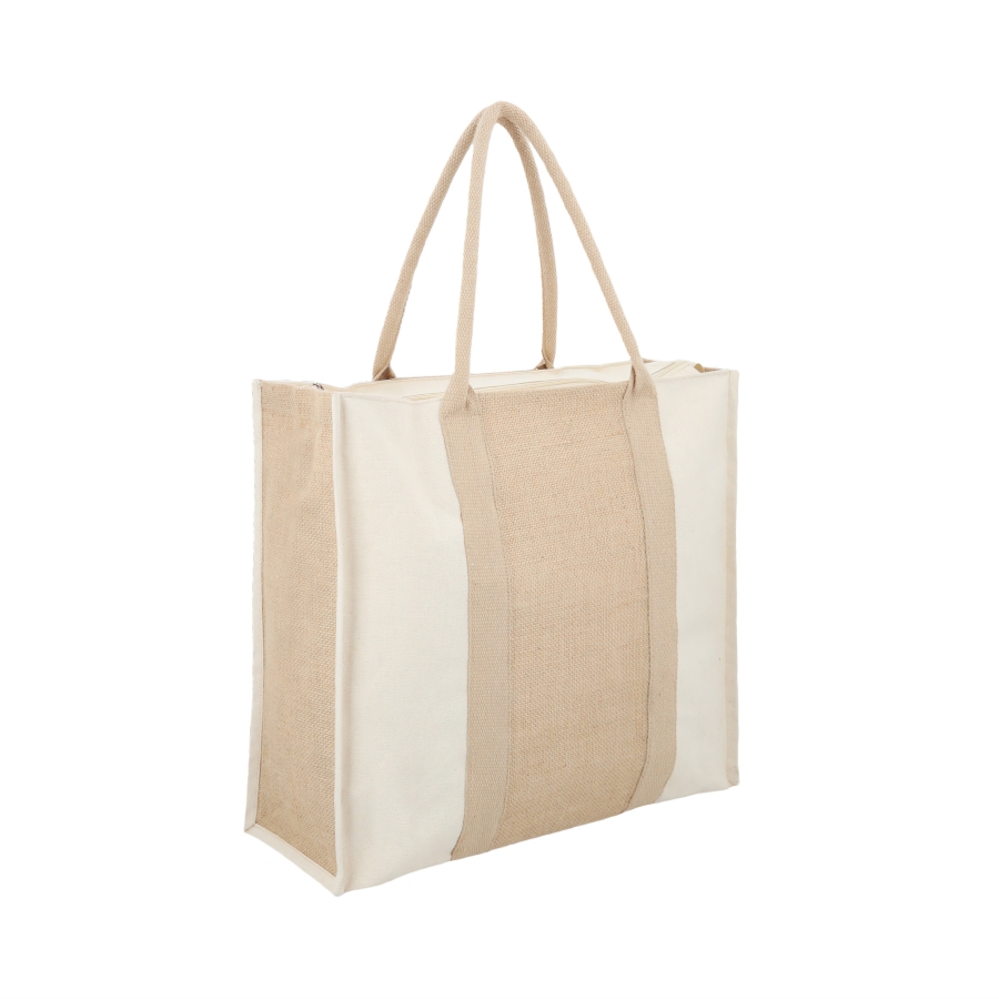 BOLSA DE YUTE CON LONETA, INTERIOR LAMINADO CON ASAS, FUELLE Y CIERRE. F0152