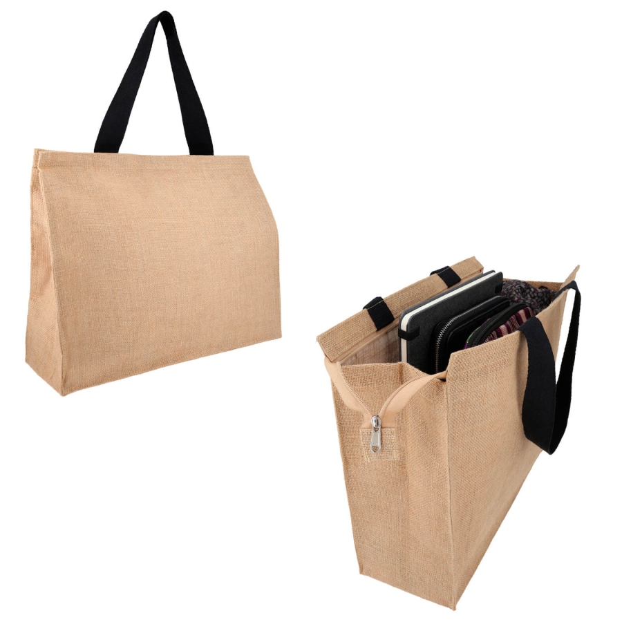 BOLSA DE YUTE CON LAMINADO EN EL INTERIOR, CON CIERRE Y ASA  F072
