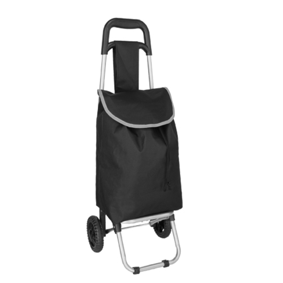 CARRITO PORTÁTIL PARA SUPERMERCADO, DE METAL CON 2 RUEDAS AGARRADERA DE PLÁSTICO Y BOLSA DE POLIÉSTER CON CORREA AJUSTABLE F076