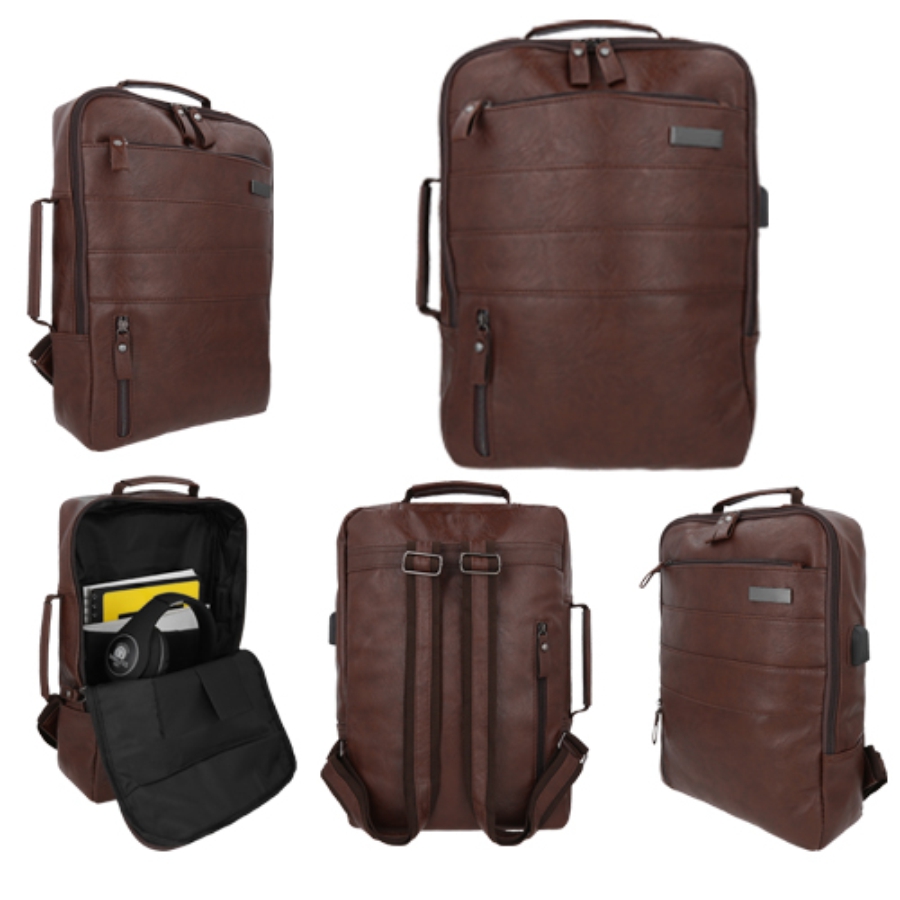 MOCHILA DE CURPIEL CON INTERIOR DE POLIÉSTER, PLACA METÁLICA Y 3 COMPARTIMENTOS, ASA, BOLSA PRINCIPAL CON CIERRE, F081